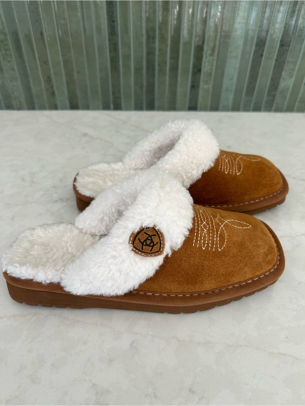 Ariat Jackie Chestnut & Cream Suede Shearling-Lined Slip-On Slippers
